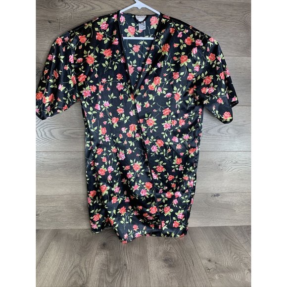 Intimate Moods Satin Night Set Womens L Slip & Cover Chemise Black Red Roses - Picture 11 of 16